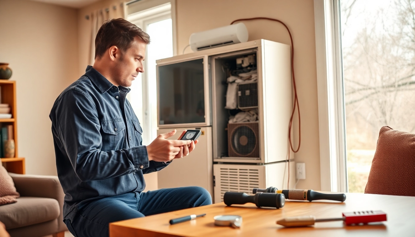 HVAC repair Waccabuc technician expertly diagnosing a heating unit in a cozy living room.