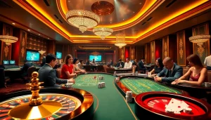 Engaging players at Nhà cái OKWIN casino tables with poker chips and vibrant roulette wheels.