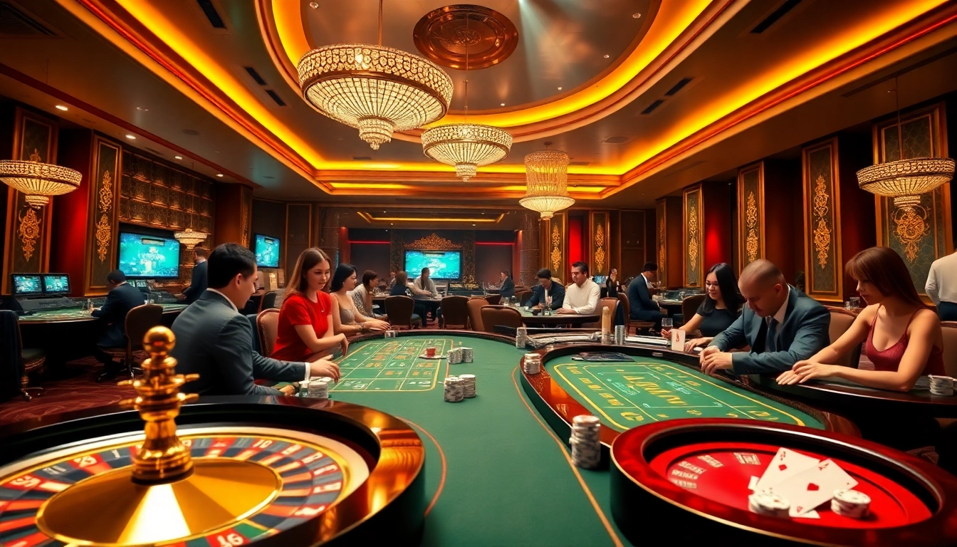 Engaging players at Nhà cái OKWIN casino tables with poker chips and vibrant roulette wheels.