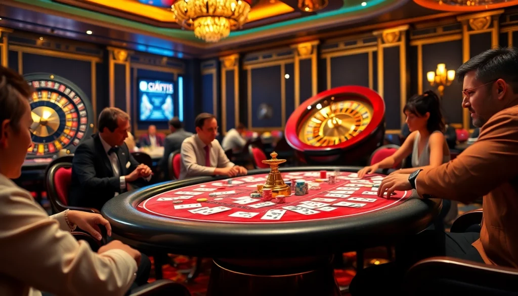 Players engaging in an intense MK8 poker game at a luxurious casino table, showcasing vibrant chips and cards.