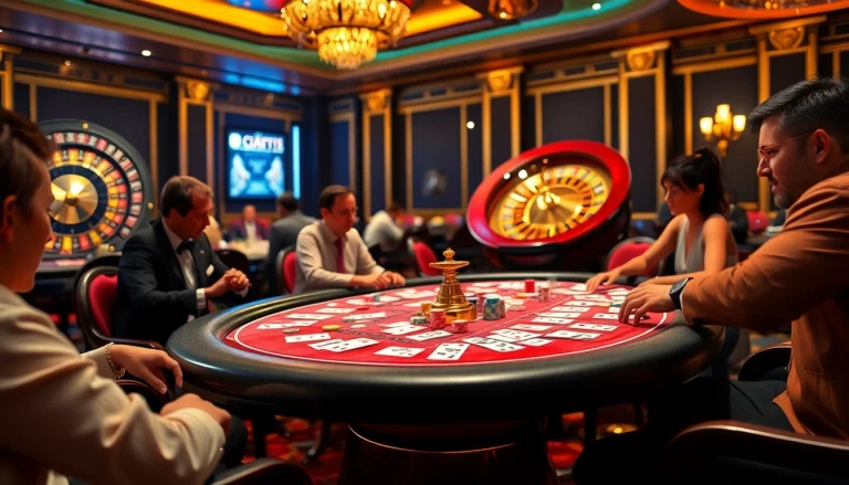 Players engaging in an intense MK8 poker game at a luxurious casino table, showcasing vibrant chips and cards.