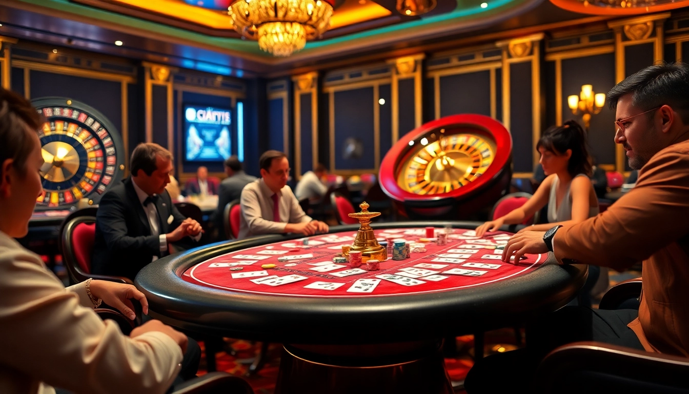 Players engaging in an intense MK8 poker game at a luxurious casino table, showcasing vibrant chips and cards.