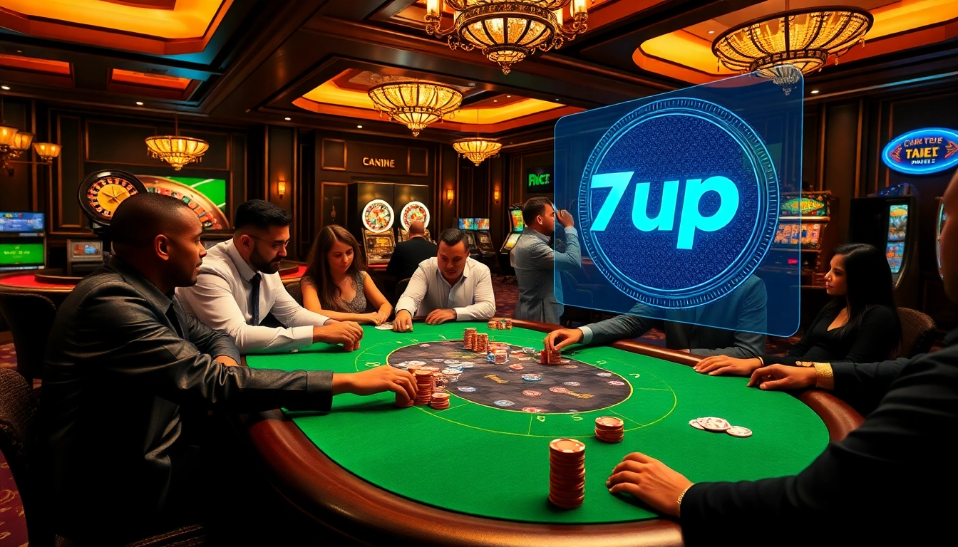 Players at a poker table enjoy high-stakes gambling with 7upbet chips, capturing the thrill of betting.