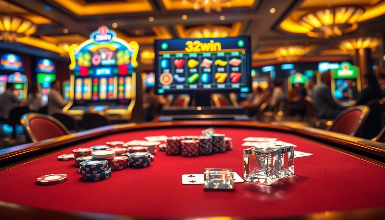 Experience the excitement of 32win at a luxurious casino table filled with vibrant poker chips and online gaming elements.