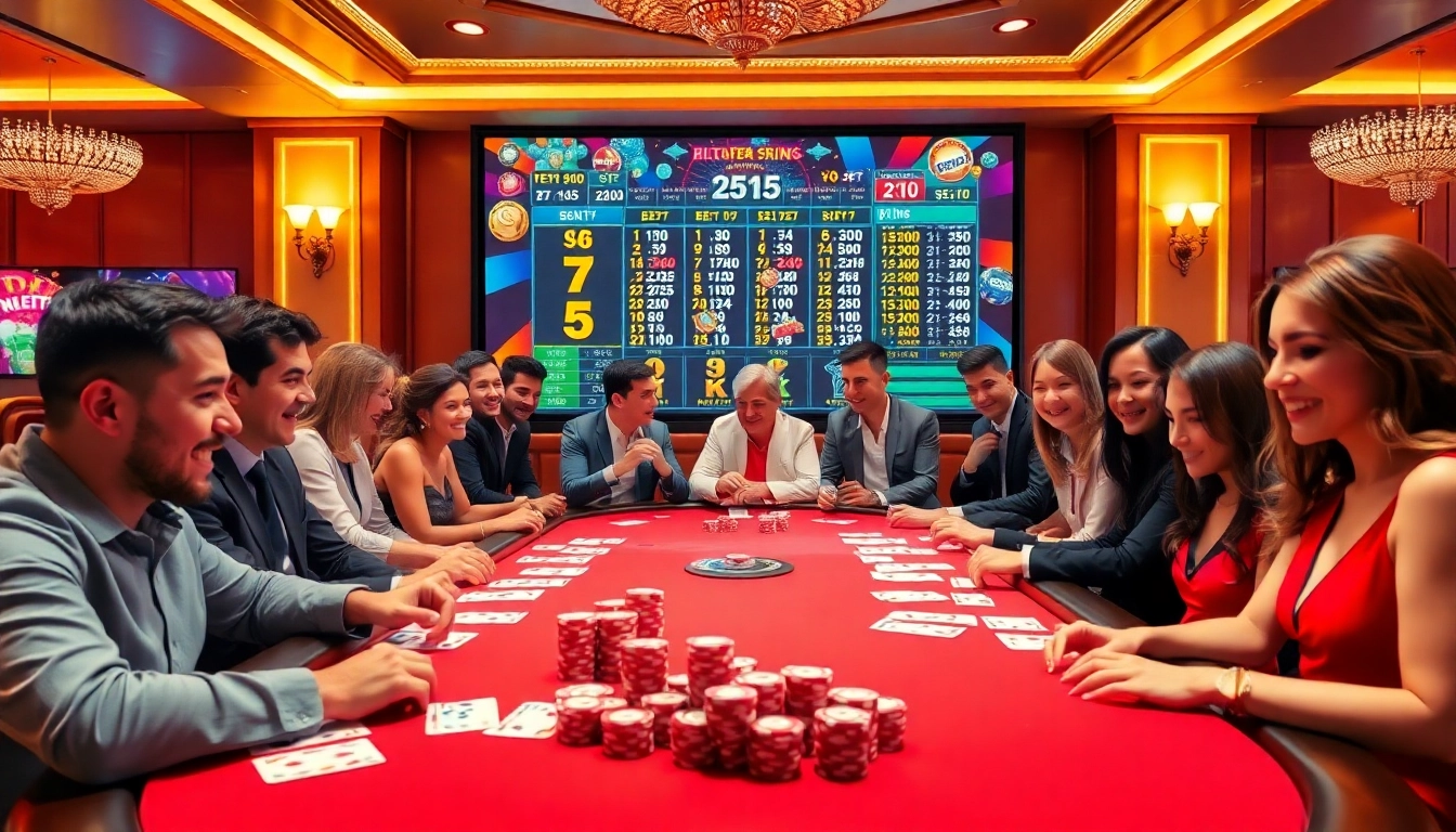 Engaging scene of gamblers using Tool xổ số siêu tốc at a vibrant casino table with colorful betting slips.