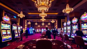 Kegembiraan jackpot pada mesin slot UTAMA4D dengan warna-warna cerah dan para penjudi yang elegan.