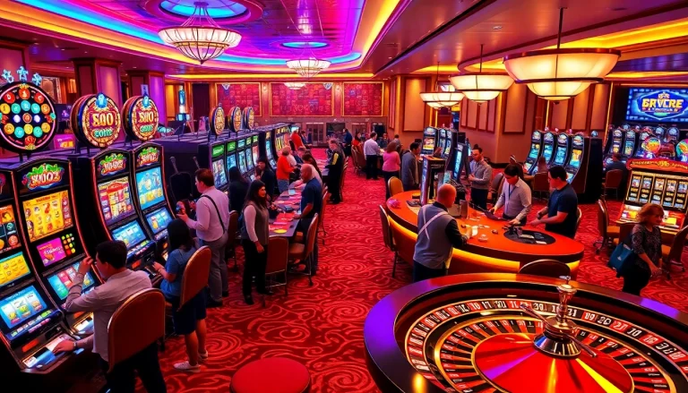 Rasakan sensasi permainan slot pulsa di lingkungan kasino yang penuh warna bersama pemain yang antusias.