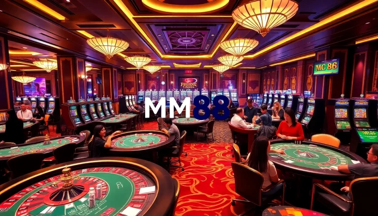 Experience thrilling gaming with MM88, showcasing an elegant casino atmosphere and players engaged in high-stakes action.