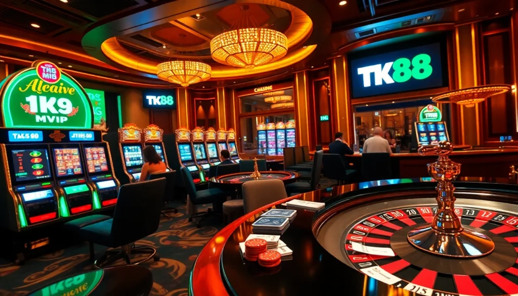 Players enjoying thrilling games at Tk88 MVP casino with vibrant slot machines and roulette wheels.