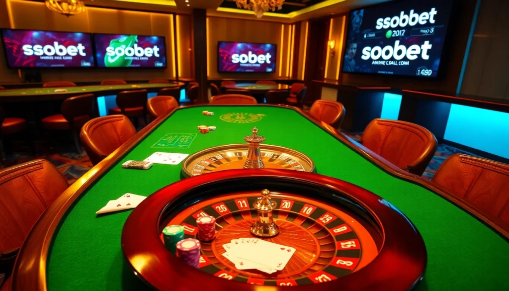 SboBet enhancing the thrill of online gambling with a stylish casino table featuring vibrant poker chips and roulette wheel.