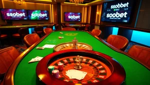 SboBet enhancing the thrill of online gambling with a stylish casino table featuring vibrant poker chips and roulette wheel.