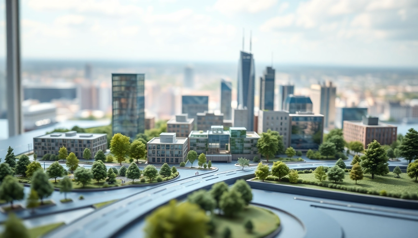 Architekturmodellbau Stuttgart zeigt ein detailliertes Modell einer modernen Skyline im urbanen Umfeld.