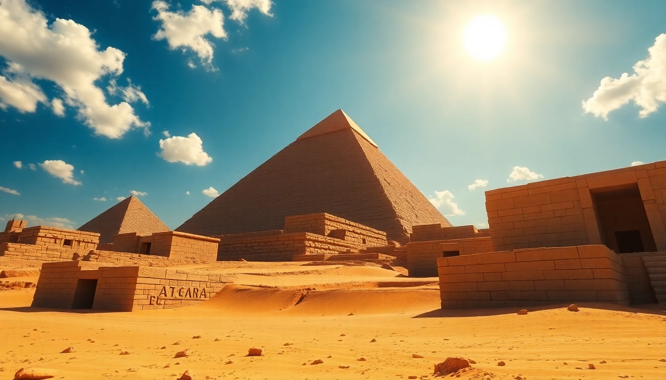 View of ancient Egyptian piraminds with detailed stonework under a bright sun.