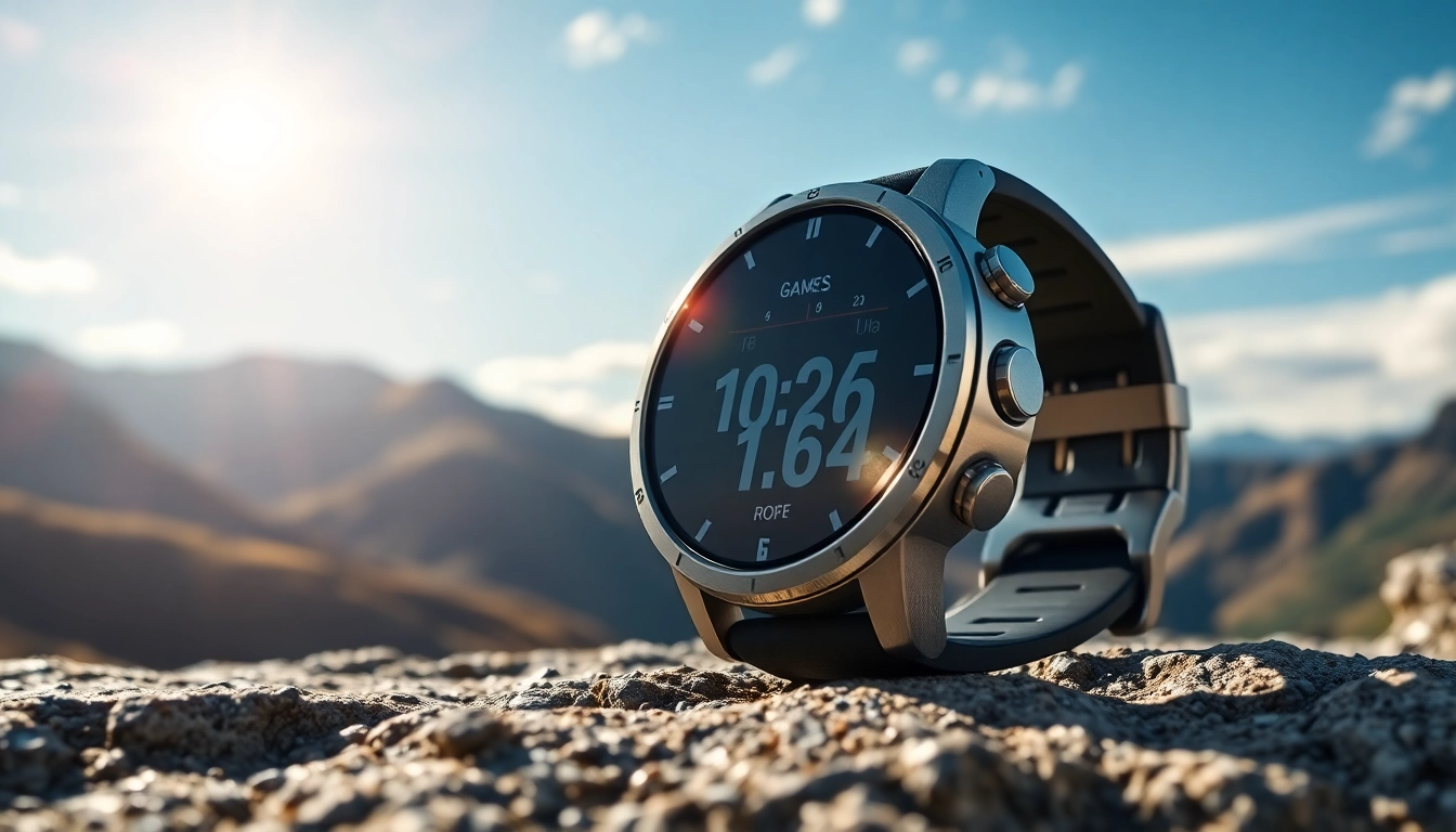 Showcasing an Explorer GPS Smart Watch against a vibrant outdoor landscape highlighting its advanced design.