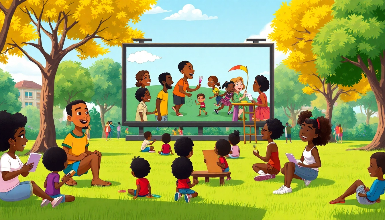 A lively scene showcasing African American cartoons characters in a community park, celebrating diversity and creativity.
