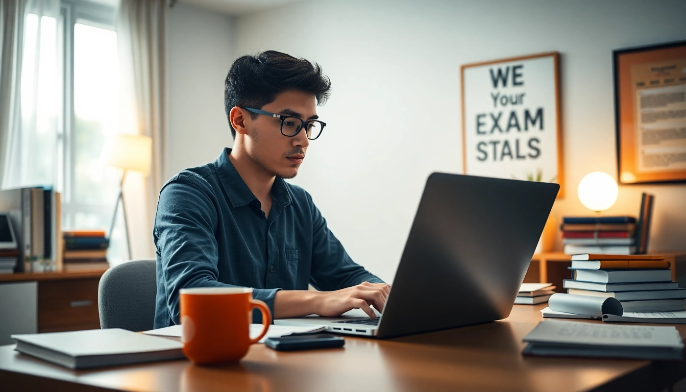 Student engaging in online exam assistance with focused determination at a well-lit desk.