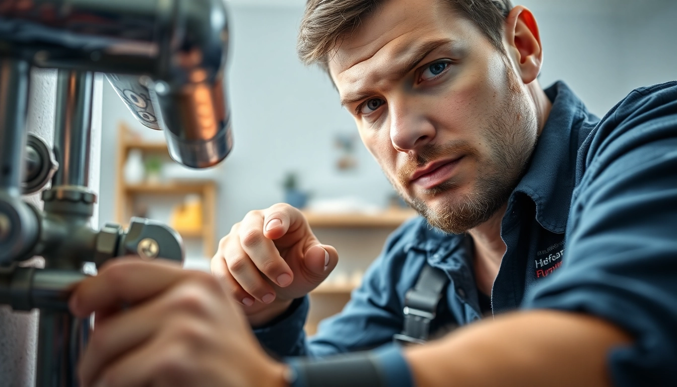 Plumber repairing home plumbing, showcasing tools and a professional workspace.