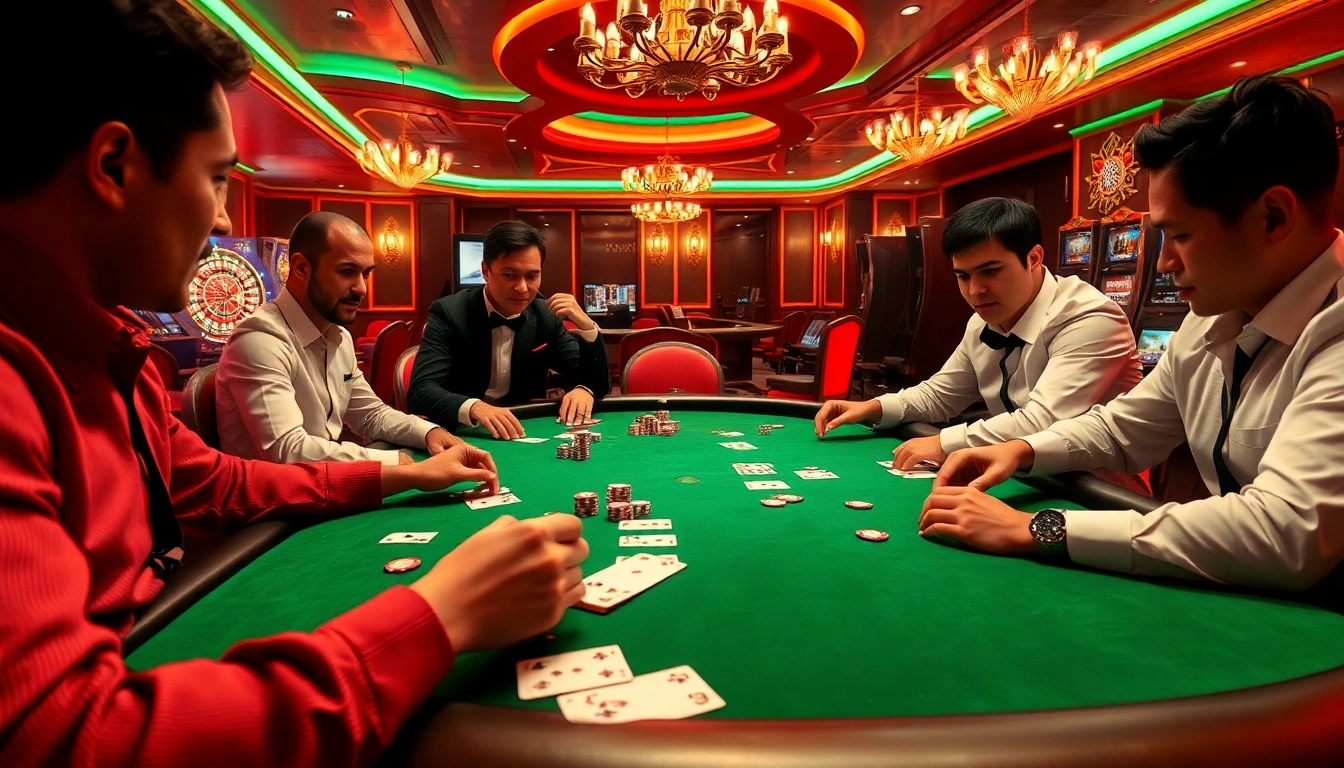 Engaging poker players strategizing in a luxurious setting at Link mới nhất QQ88 casino.