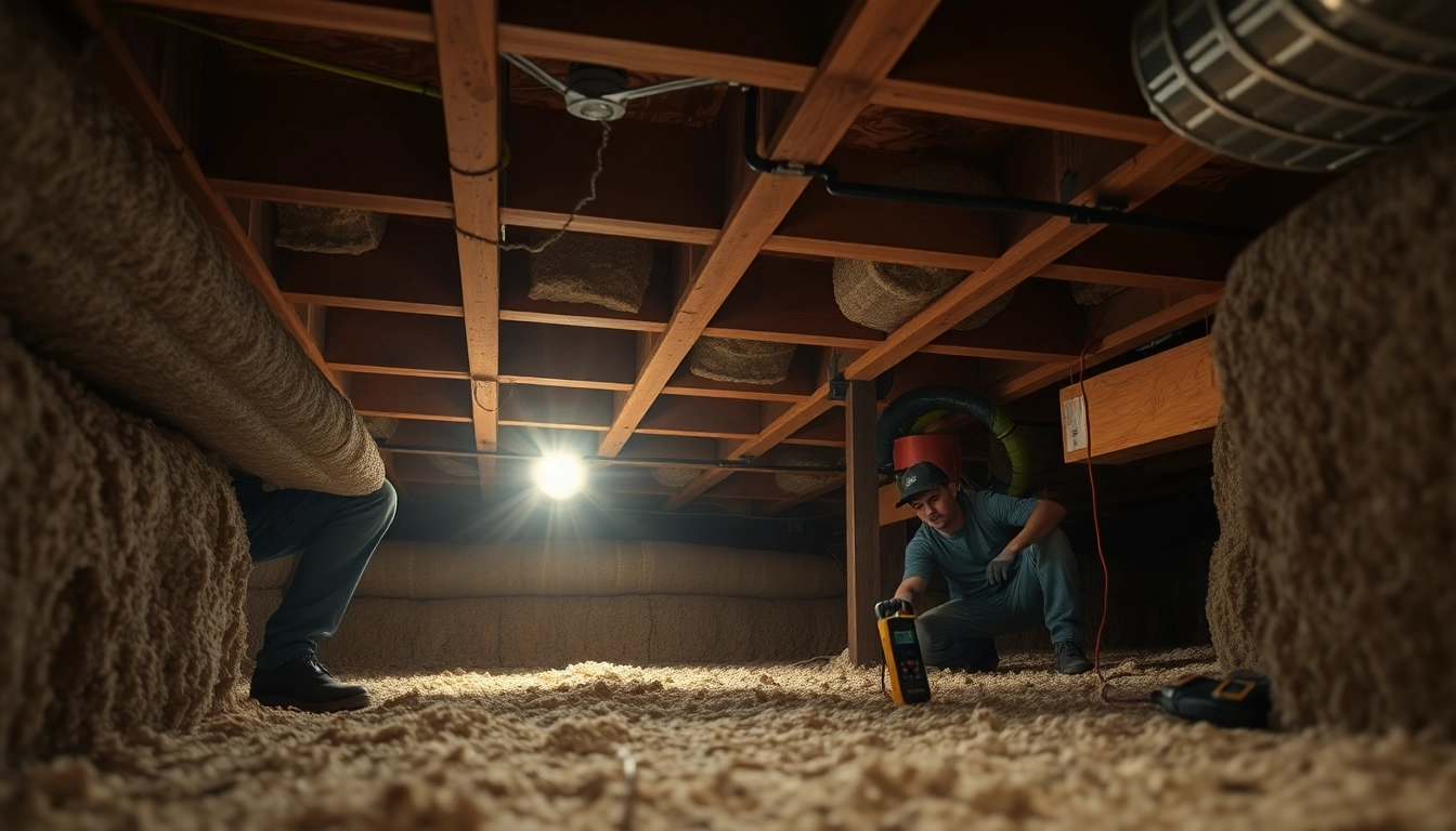 Crawl Space Restoration showing professionals evaluating insulation with tools in a dimly lit area.