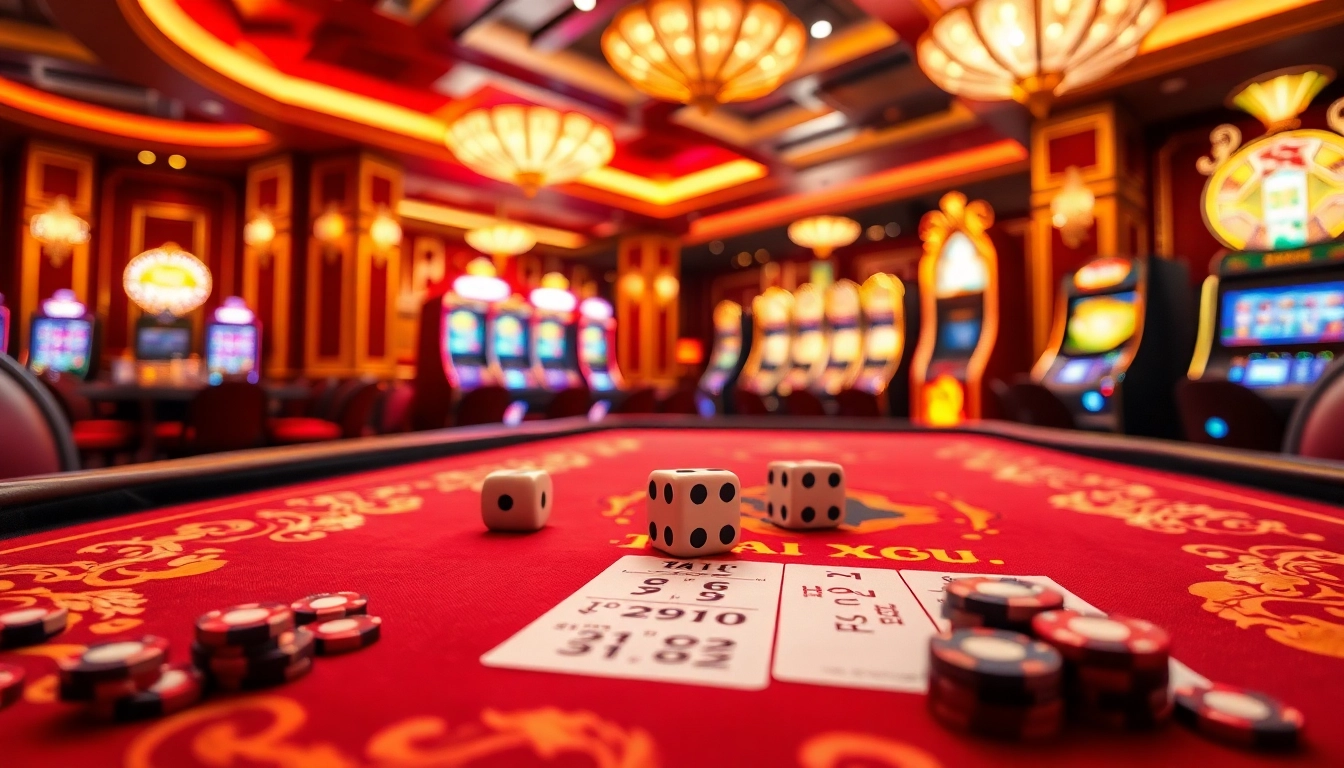 Engaging scene of Tài Xỉu MD5 with a table and rolling dice capturing the thrill of online gambling.