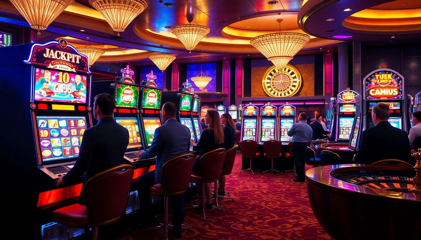 Exciting players spinning slot machines in a vibrant casino atmosphere filled with dazzling lights.