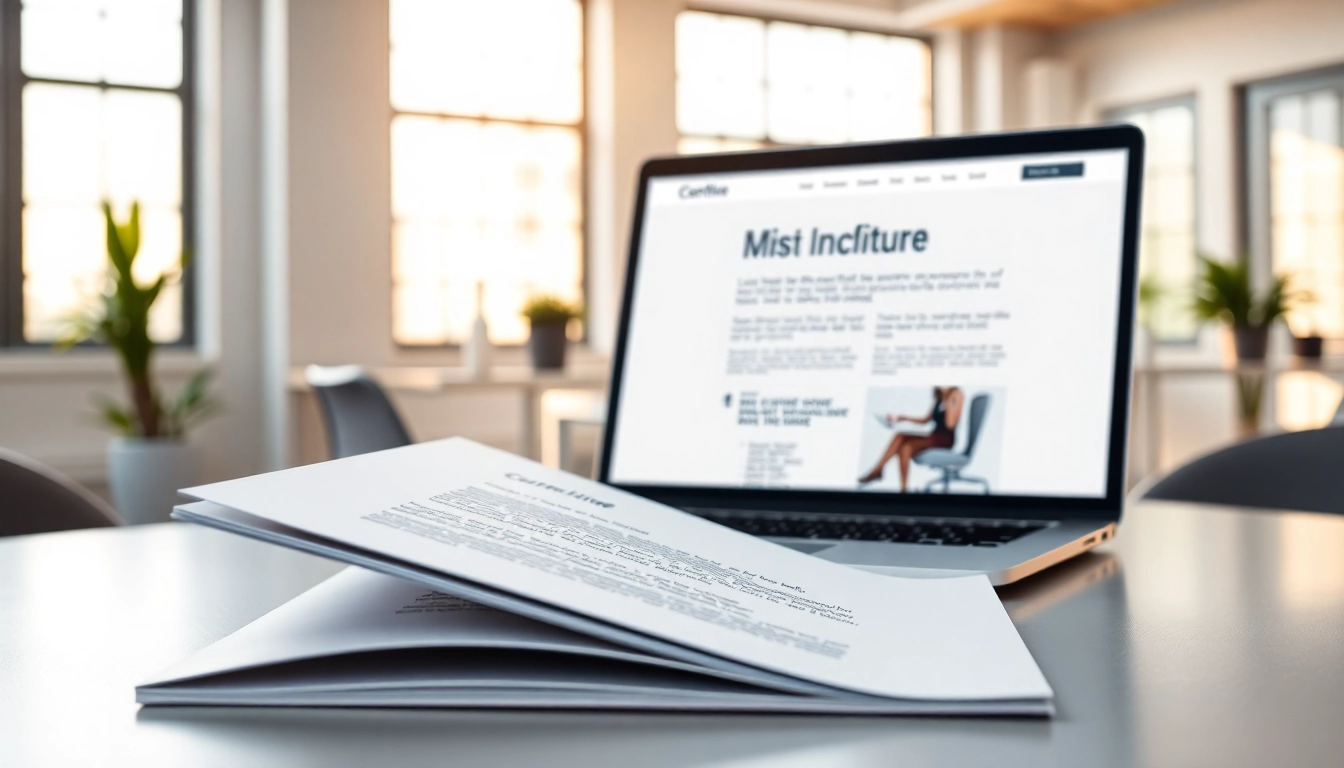 Showcasing brochure website design essex on a modern workspace table with laptop.