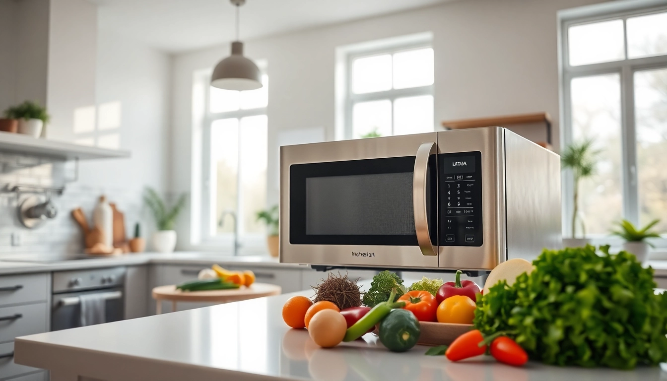 Showcase of microwave oven sales with a modern kitchen setup featuring fresh ingredients.