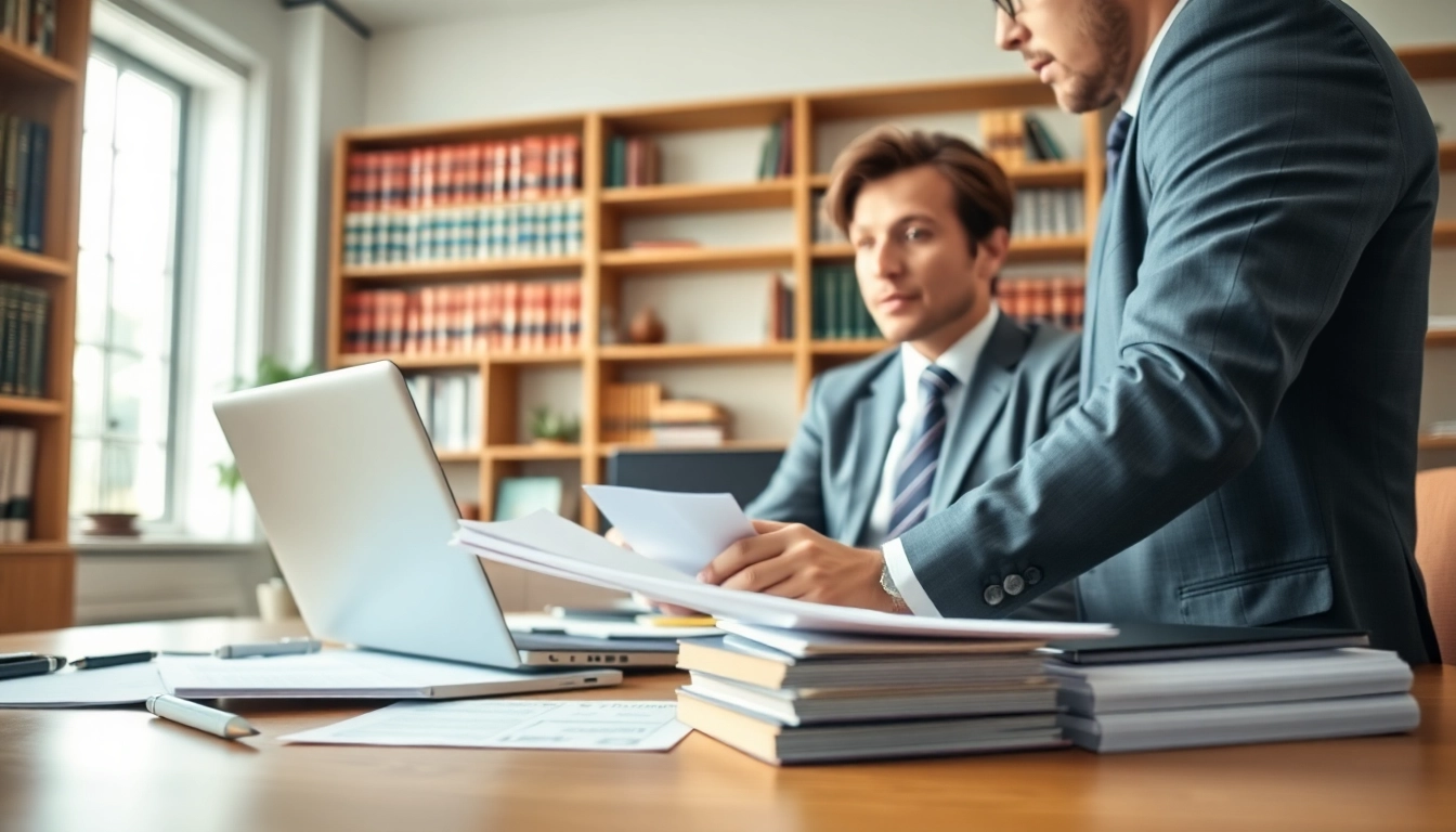 Engaged Personal Injury Lawyer in Grand Junction advising a client in an office.