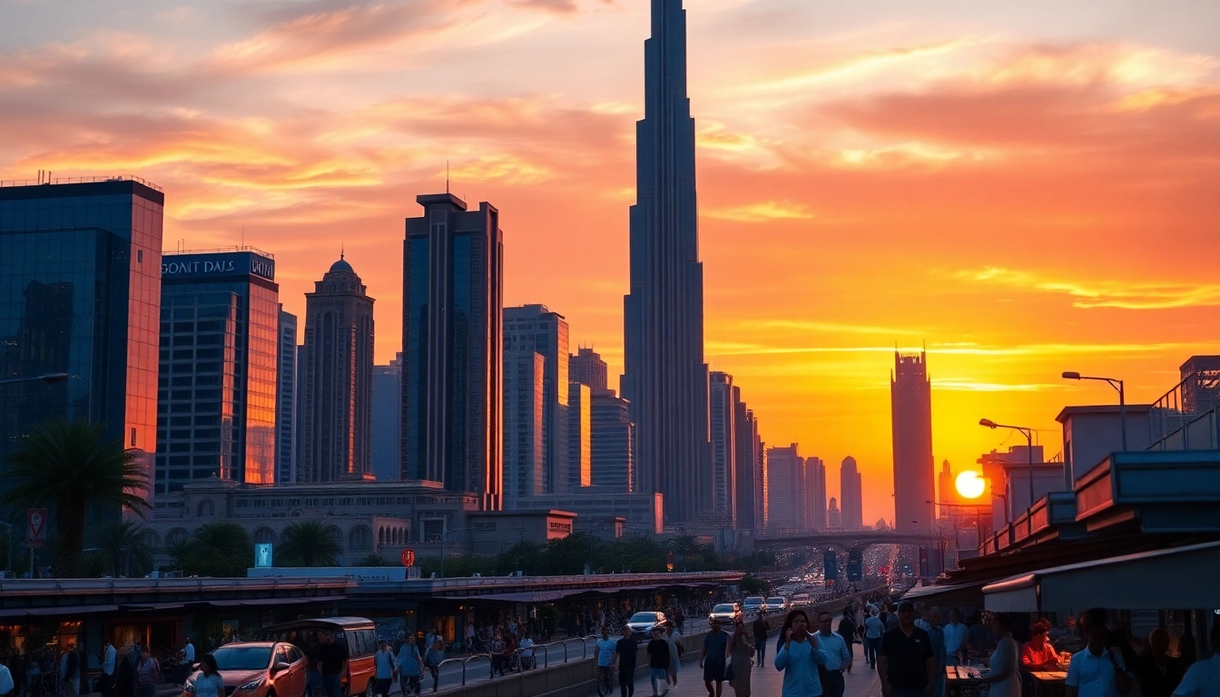 View of Dubai City skyline during sunset highlighting vibrant colors.