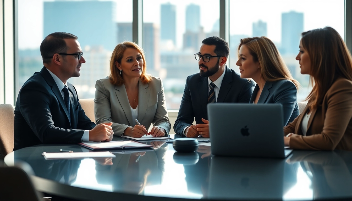Engaged Greenville Personal Injury Lawyers discussing a case in a modern office setting.