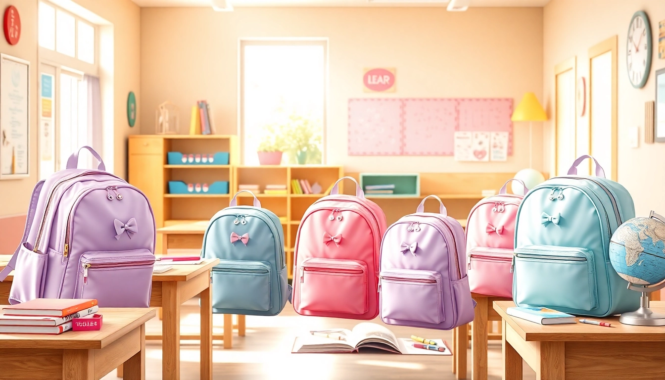 教室の明るい環境で展示された、色とりどりの女の子向けランドセルと学用品の写真。