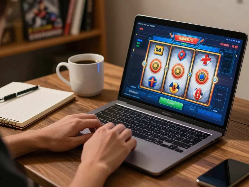 Engaging in slot mahjong gameplay on a modern laptop displaying vibrant spinning reels, emphasizing responsible gaming.