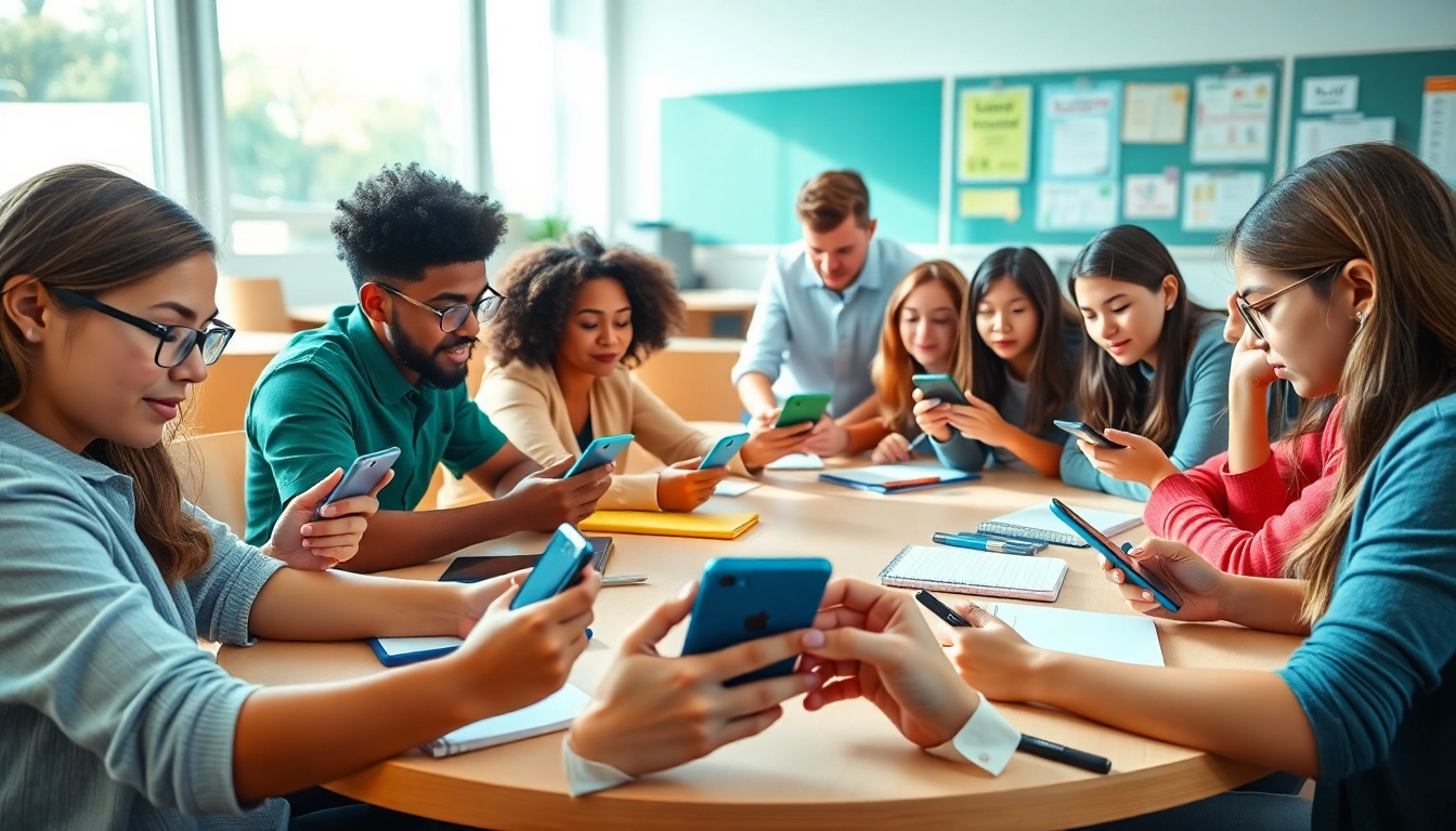 Engaged students using smartphone solution in school life within a collaborative classroom environment.