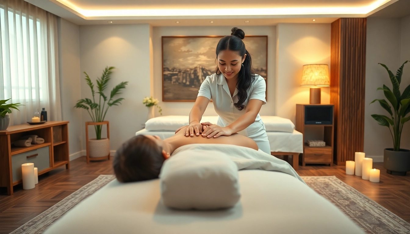 다문화 배경의 젊은 마사지 치료사가 등장하는 수원출장마사지 전문 마사지 치료 현장.