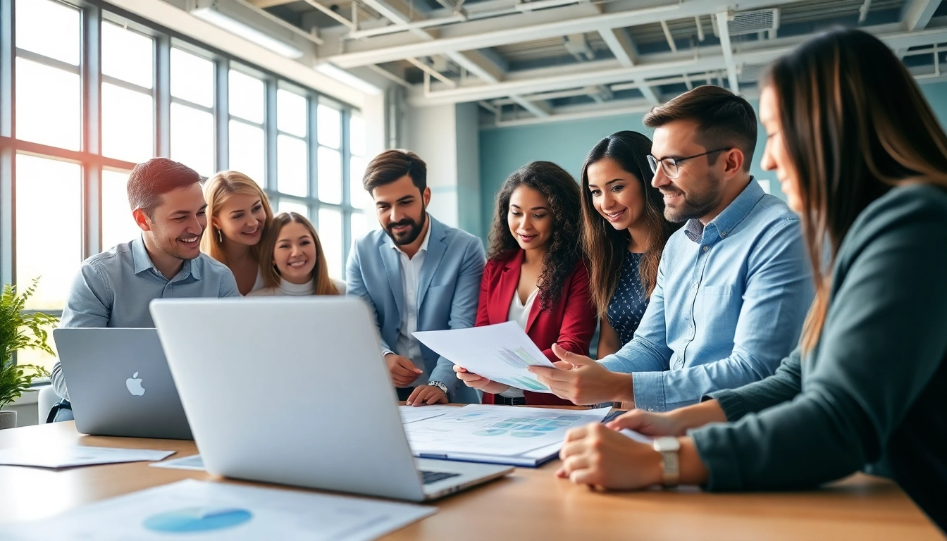 Engaged professionals collaborating on remote quality assurance jobs in a bright office setting.