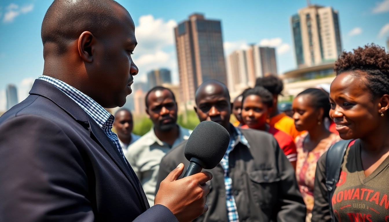 Journalist discussing current Kenya News with locals in a bustling Nairobi environment.