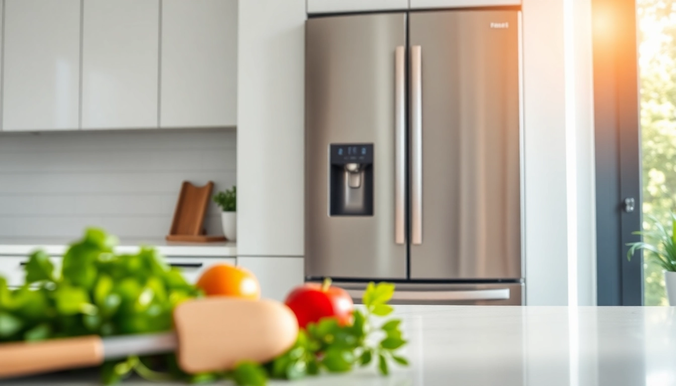 Stylish refrigerator with fresh ingredients in a sunlit kitchen.