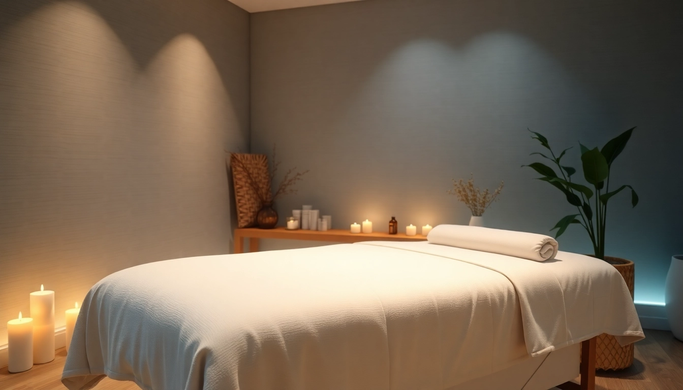 진정 효과가 있는 장식, 에센셜 오일, 분위기 조명으로 꾸며진 스웨디시 마사지 치료실.
