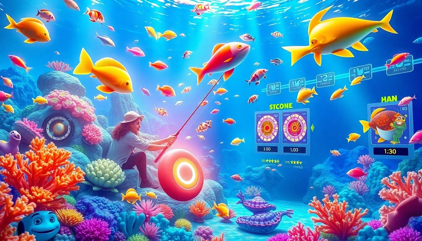 Bắn cá đổi thưởng gameplay with vibrant underwater visuals, showcasing players winning in a dynamic ocean environment.