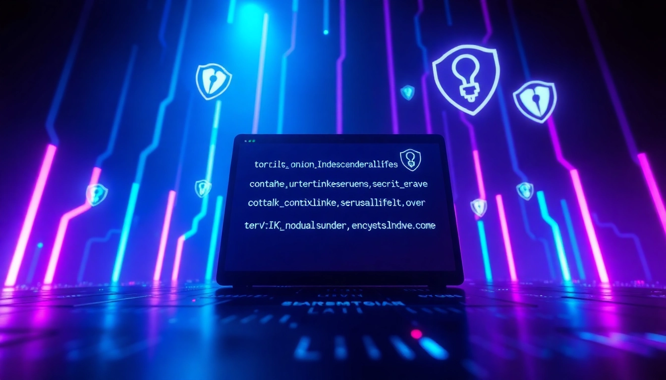 Explore the hidden wiki tor within the dark web, featuring glowing .onion links and Tor browser interface.