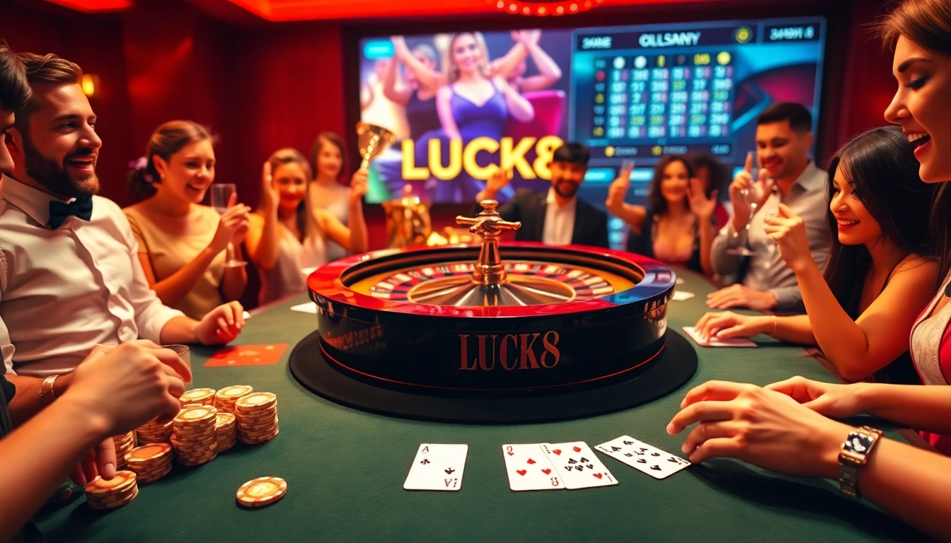 LUCK8 players enjoy exciting thrills at a luxurious casino table with poker cards and chips.