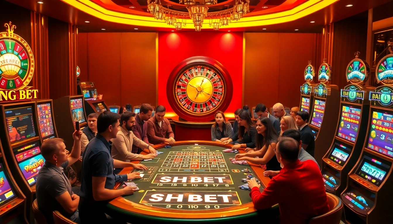 Players engaging with the SHBET casino table, capturing the thrill of a lively gambling experience.