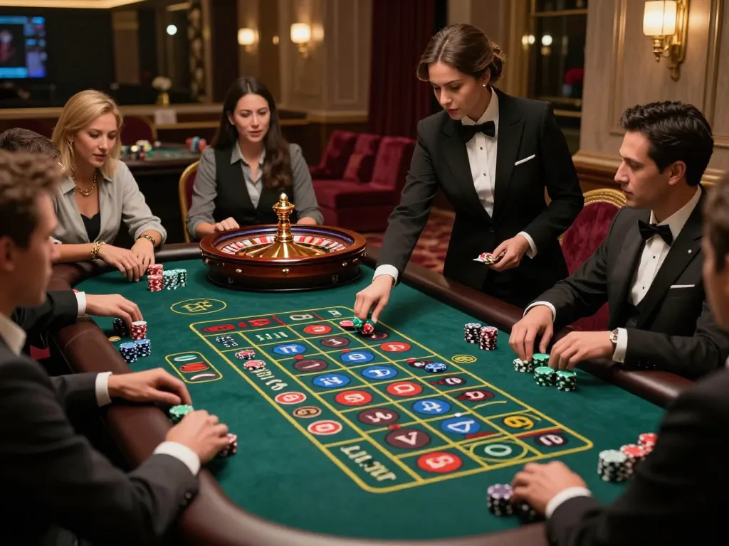 Players excitedly placing bets at a roulette table, showcasing Link Gaco in action.