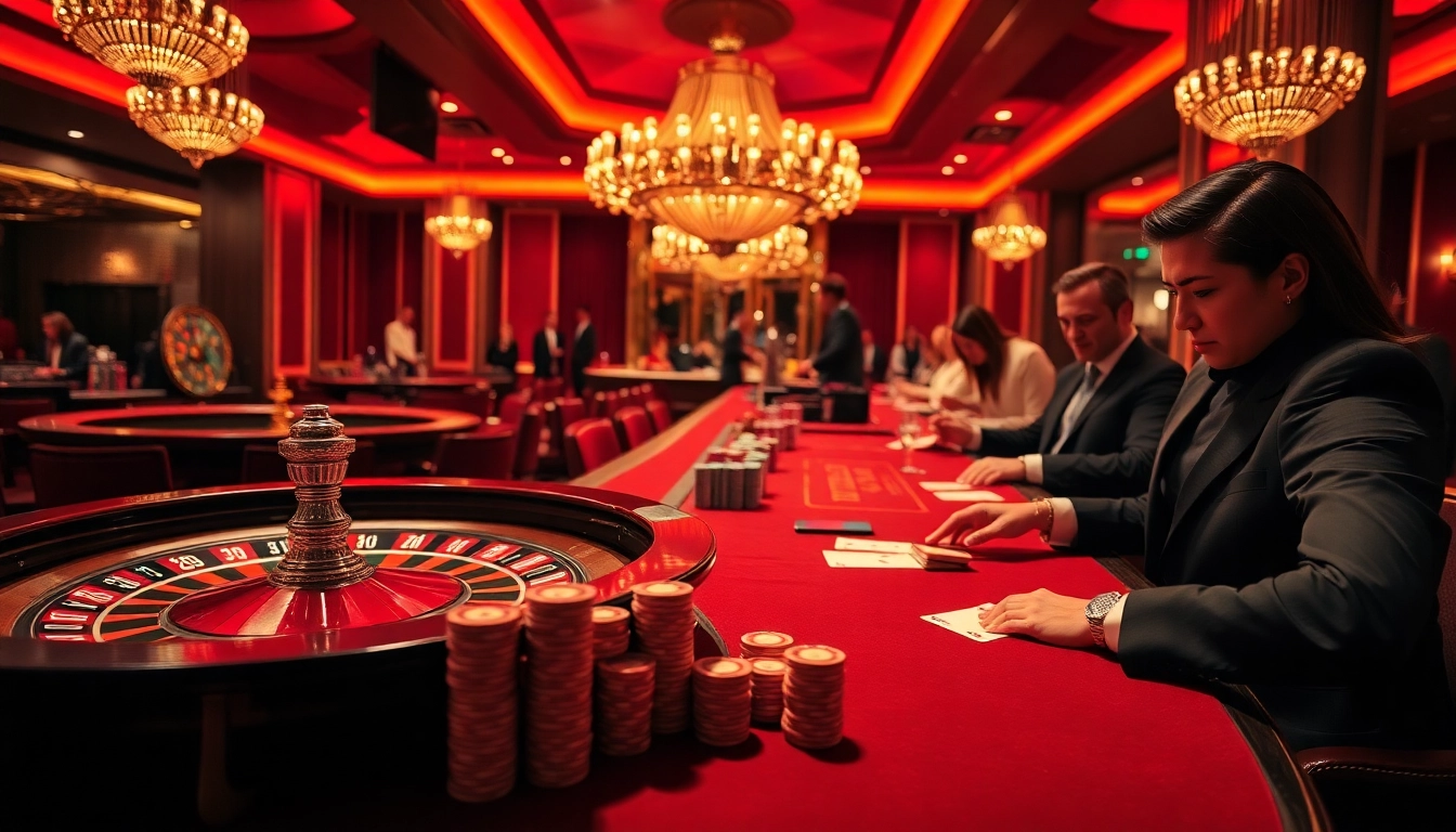 Gambling action at a luxurious casino with https://mm88.br.com/ roulette wheels and vibrant poker tables.