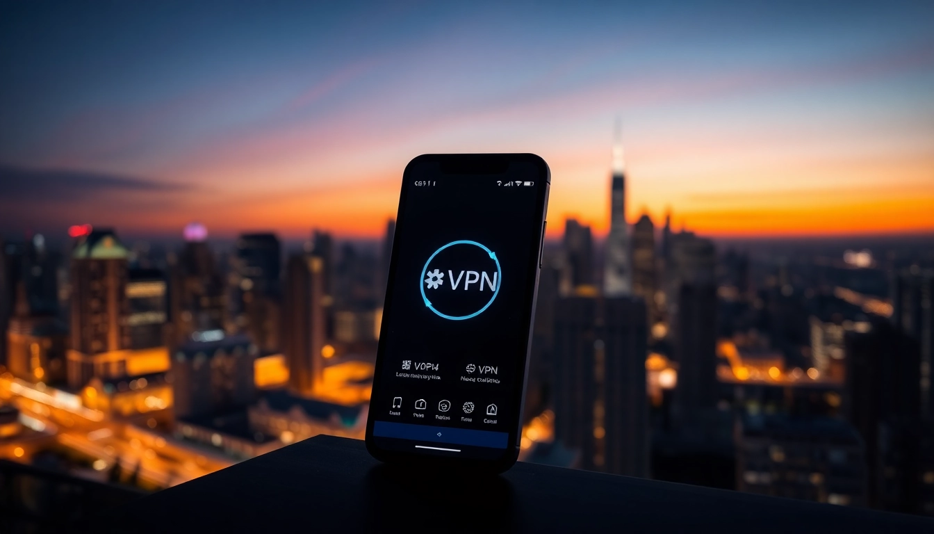 在城市天际线背景下的智能手机上的快连 VPN 应用界面，展示连接性与安全性。