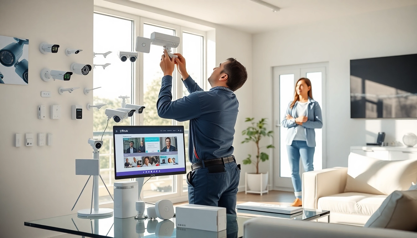 Técnico profesional instalando alarmas de seguridad en una casa moderna.