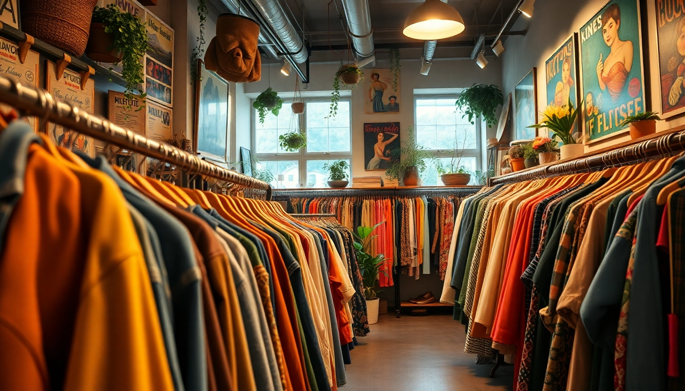Shop for unique fashion treasures at the thrift store Copenhagen featuring colorful vintage clothing.