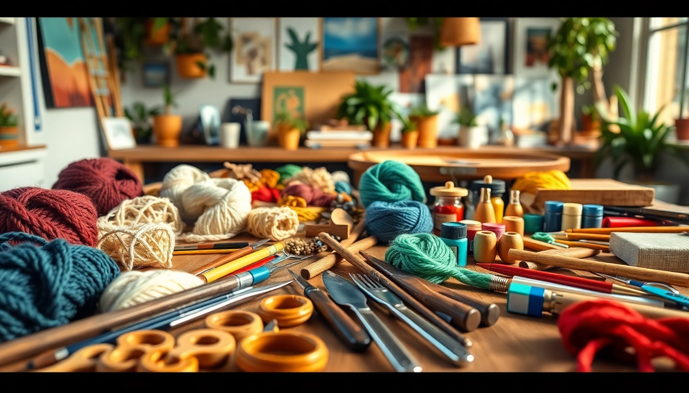 Engaging scene of various niche hobbies displayed on a workbench, showcasing tools and colorful materials.