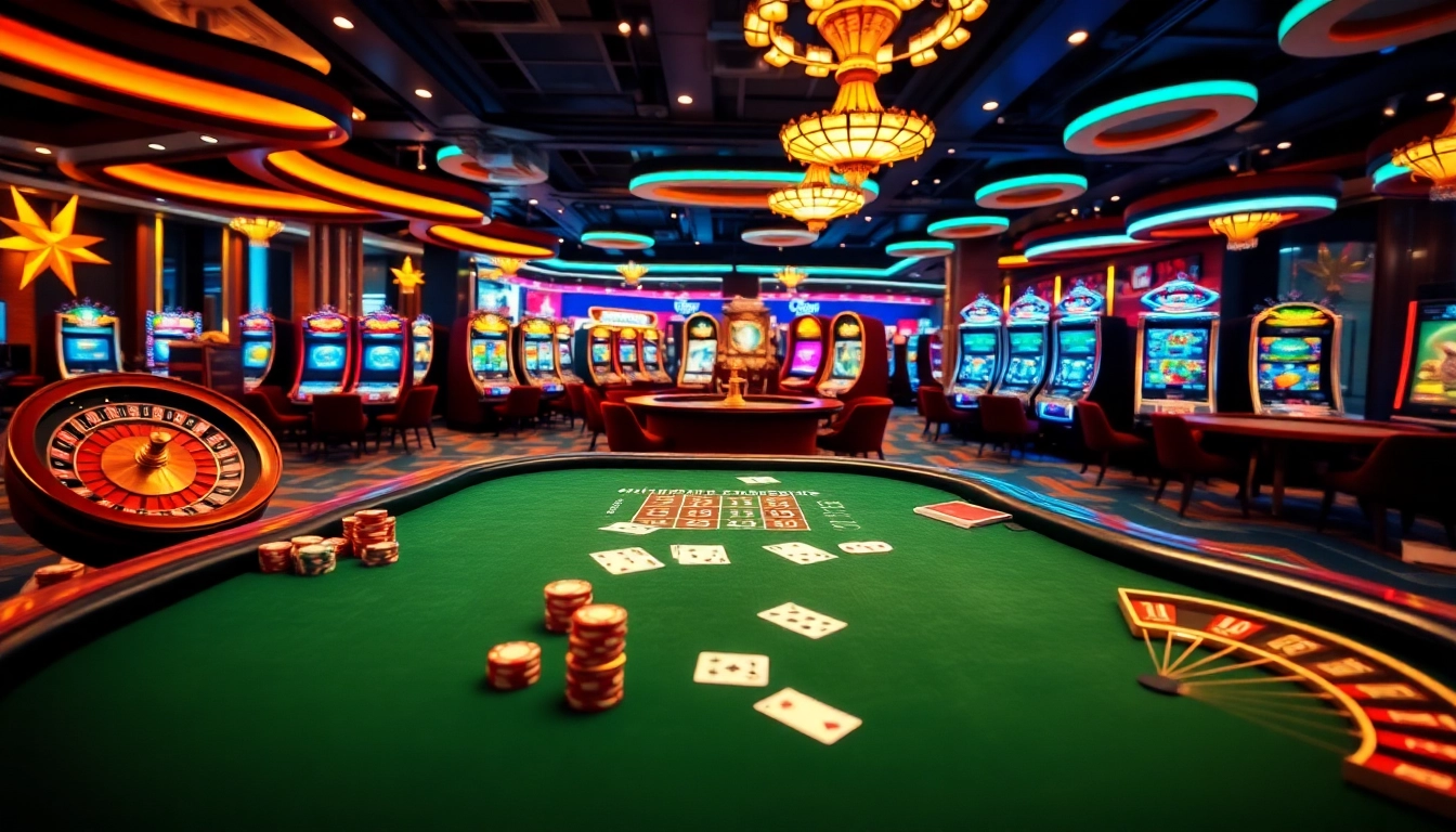 L'atmosphère palpitante d'un meilleur casino en ligne avec une table de poker, une roue de la roulette et des machines à sous vibrantes.