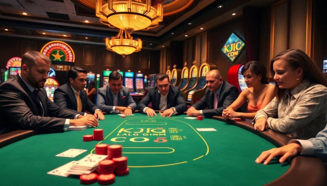 Experience KJC COM's thrilling gaming environment at a lively poker table.